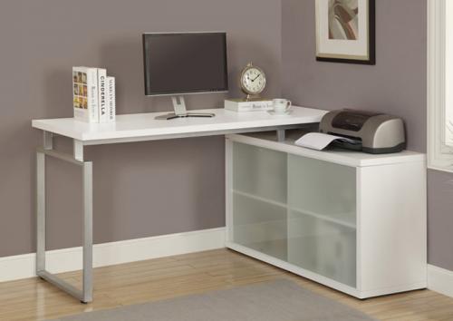 Monarch Specialties I 7036 Computer Desk - White Corner With Frosted Glass; This simple yet practical desk featuring a stylish thick panel design is the perfect addition to your home office; The white finished desk can conveniently be placed in the corner of your office maximizing the amount of room in tight spaces; UPC  021032289263 (I7036 I 7036 I 7036)